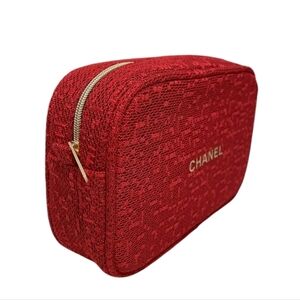CHANEL Red Tweed Textured Pouch with Gold Accents